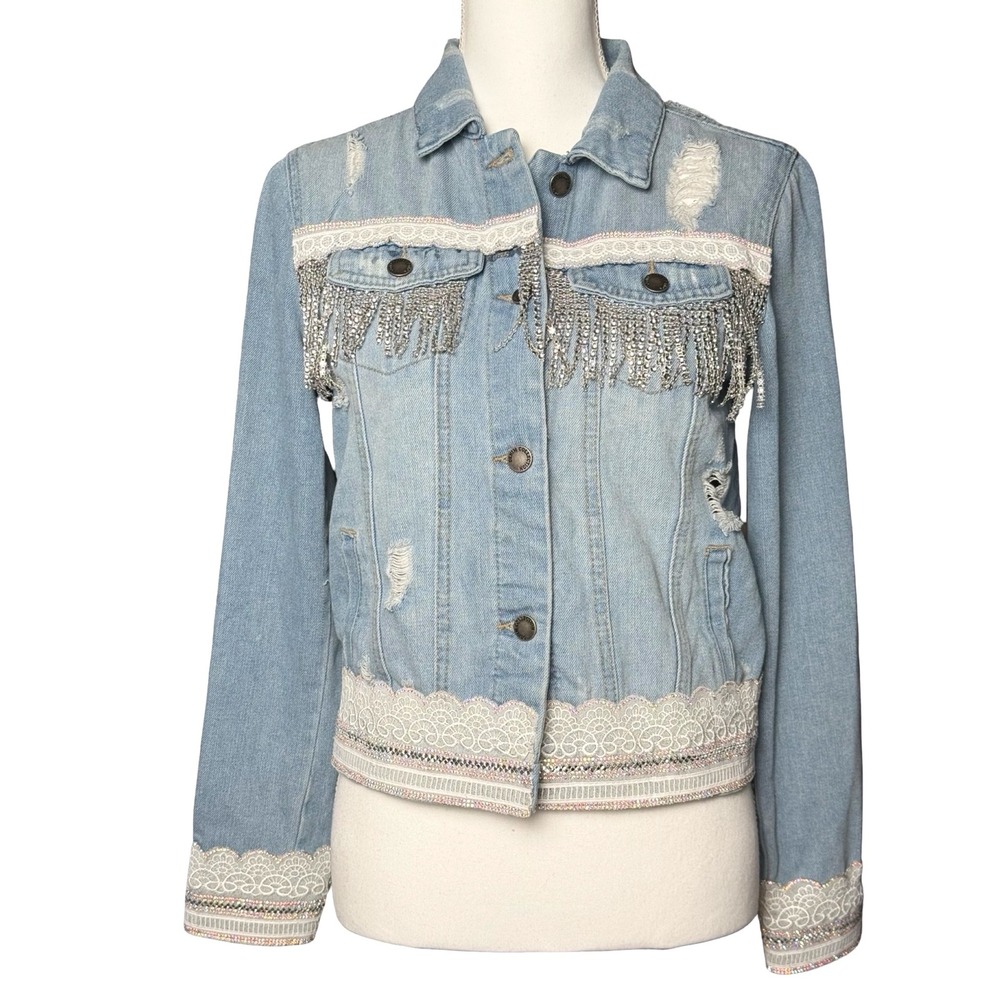 Y2K Rhinestone Fringe Denim Jacket‎ Lace Trim Distressed Cropped Small